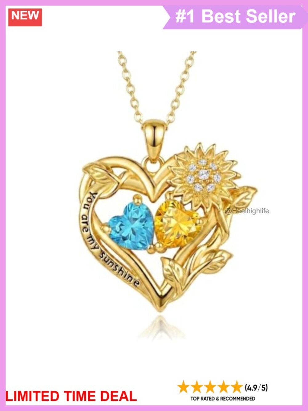 14K Gold Two Birthstone Sunflower Heart Pendant Necklace Gift for Women